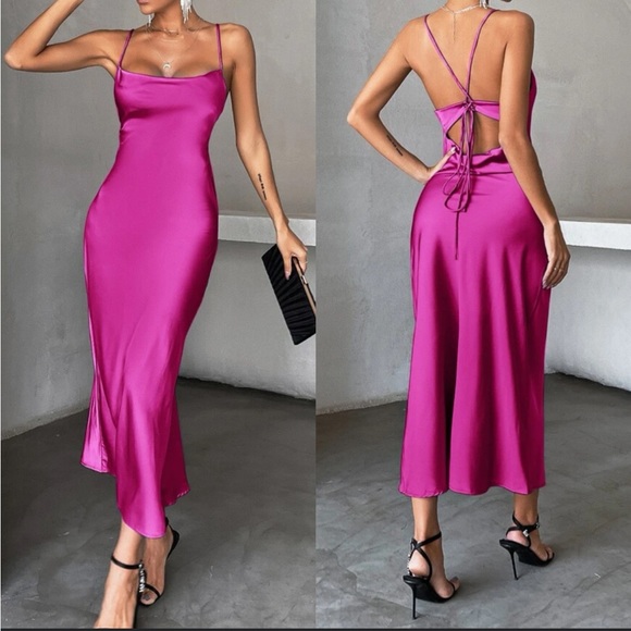 Luxe tie open back satin cami party formal evening wedding dress - Picture 2 of 16